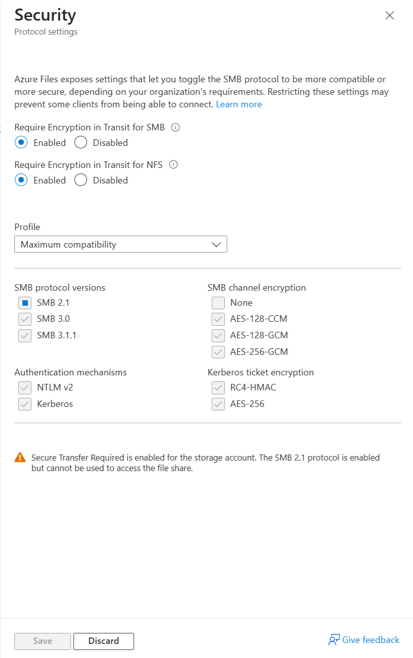 Screenshot des Dialogfelds zum Anfordern der Verschlüsselung für SMB oder Ändern der Sicherheitseinstellungen für SMB-Protokollversionen, SMB-Kanalverschlüsselung, Authentifizierungsmechanismen und Kerberos-Ticketverschlüsselung.