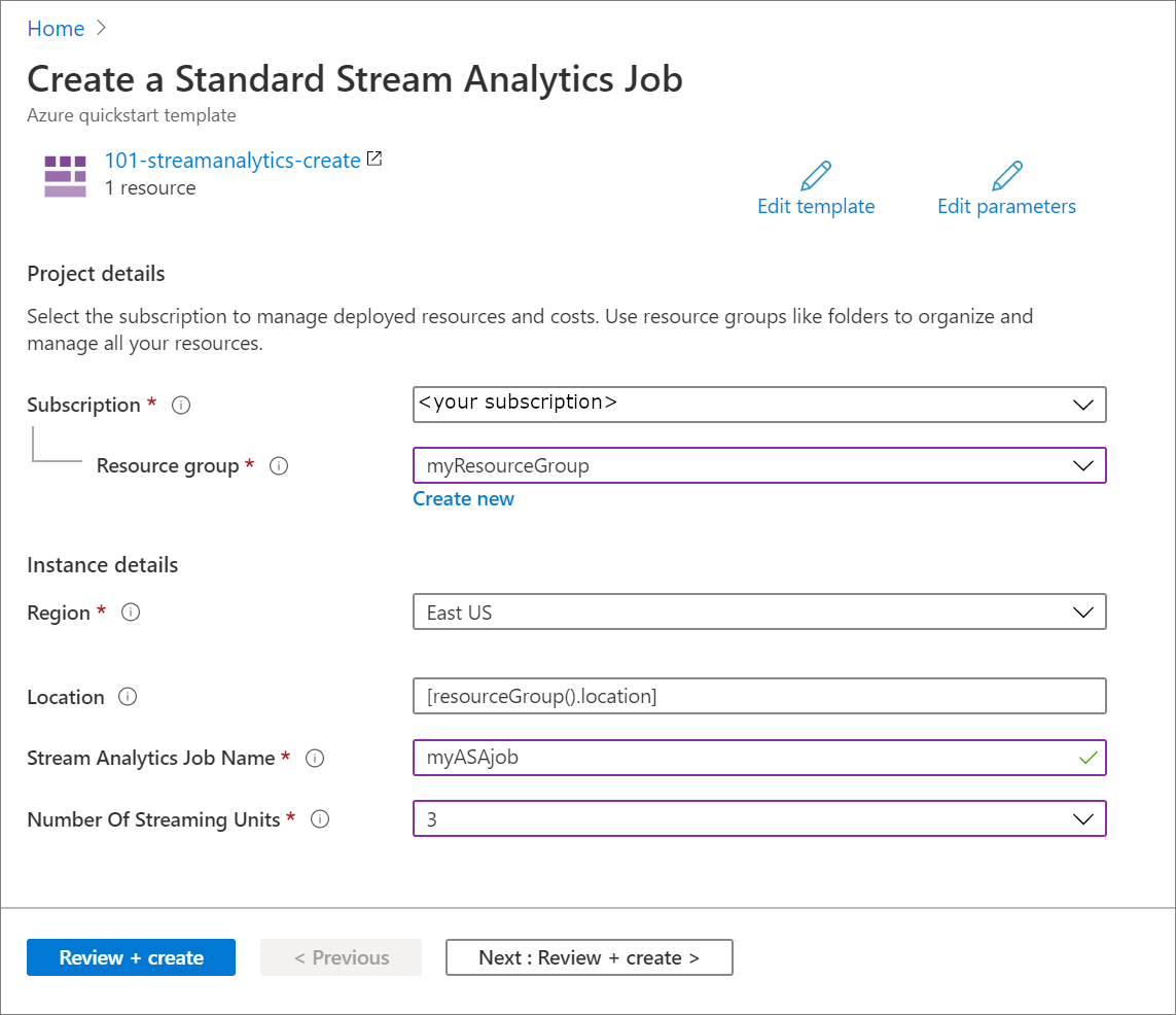 Erstellen eines Azure Stream Analytics-Auftrags mithilfe einer Azure&nbsp;Resource&nbsp;Manager-Vorlage