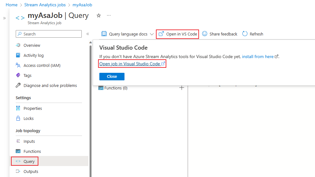 Öffnen eines Stream&nbsp;Analytics-Auftrags in Visual Studio Code