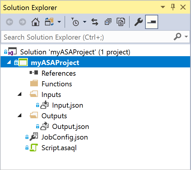 Screenshot, der das Fenster des Projekt-Explorer für ein Beispielprojekt einer Stream Analytics-Anwendung in Visual Studio zeigt.