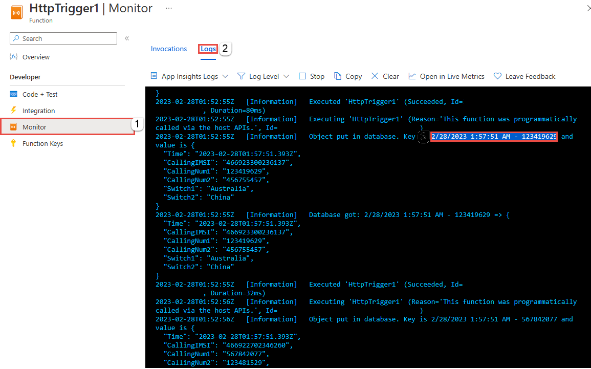 Screenshot der Seite „Protokolle überwachen“ für die Azure-Funktion.