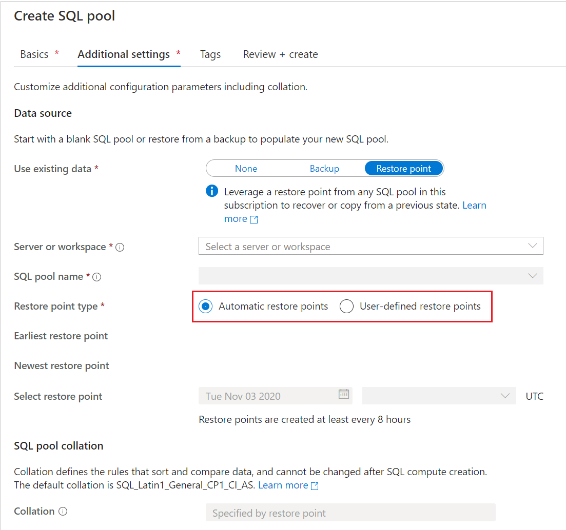 Screenshot aus dem Azure-Portal, Seite „SQL-Pool erstellen”, Seite „Zusätzliche Einstellungen“. Bei Wiederherstellungspunkttyp ist das Optionsfeld „Automatische Wiederherstellungspunkte“ ausgewählt.