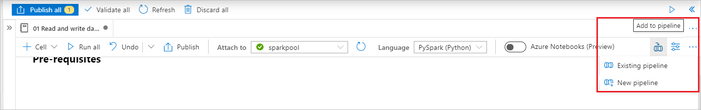 Screenshot, der zeigt: Notebook zur Pipeline hinzufügen