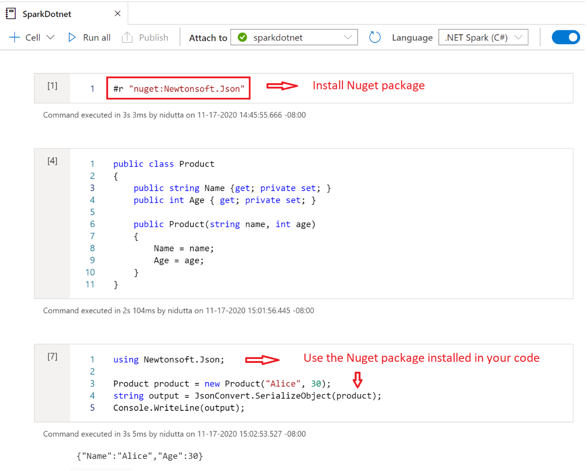 Screenshot, der die Verwendung von #r zeigt, um ein Spark .NET-Notebook-NuGet-Paket zu installieren