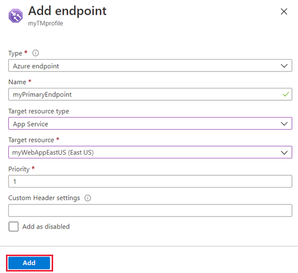 Screenshot, in dem Sie Ihrem Traffic Manager-Profil einen Endpunkt hinzufügen.