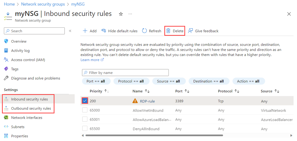 Screenshot des Löschens einer eingehenden Sicherheitsregel einer Netzwerksicherheitsgruppe im Azure-Portal.
