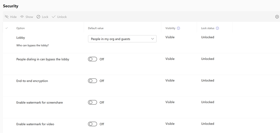 Screenshot der Teams-Sicherheitsrichtlinien für Besprechungsvorlagen im Teams Admin Center.