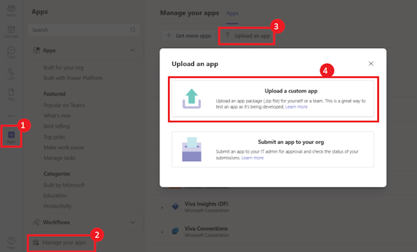 Screenshot: Option zum Hochladen einer benutzerdefinierten App in Teams
