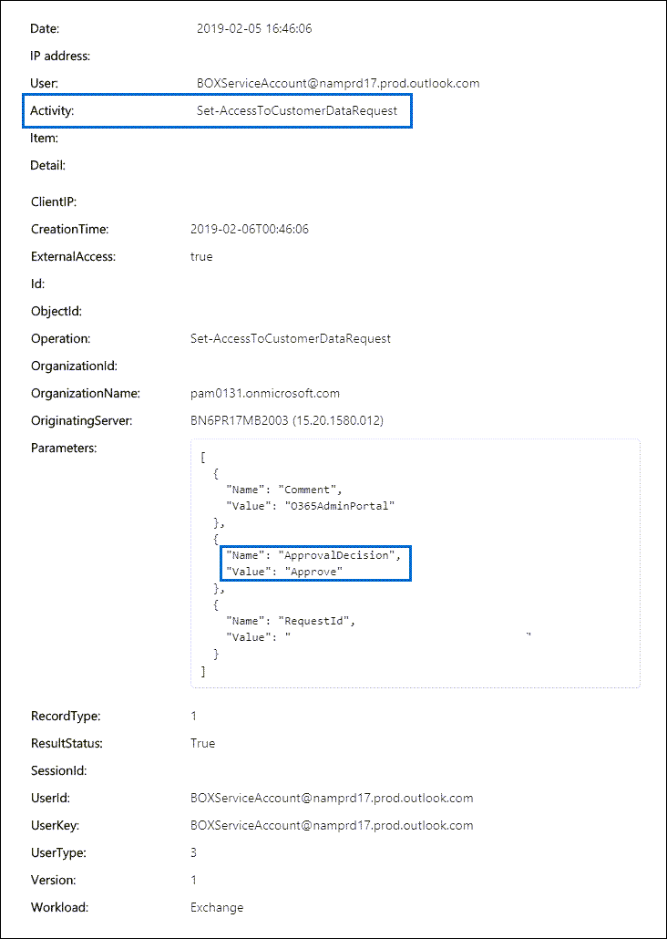 Überwachungsdatensatz für eine genehmigte Kunden-Lockbox-Anforderung.