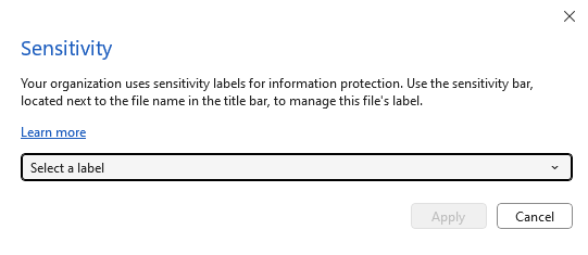 Screenshot: In den neuesten Office-Apps sind IRM-Optionen nicht mehr verfügbar, und Benutzer müssen stattdessen eine Vertraulichkeitsbezeichnung auswählen.