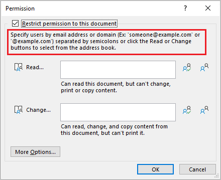 Älteres Windows-Dialogfeld mit Text zur Unterstützung organization-weiten benutzerdefinierten Berechtigungen.