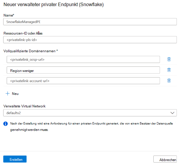 Screenshot der Seite zum Erstellen verwalteter privater Endpunkte für Snowflake in Microsoft Purview.