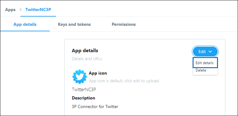 Screenshot der Twitter-App-Detailseite mit ausgewählter Option 