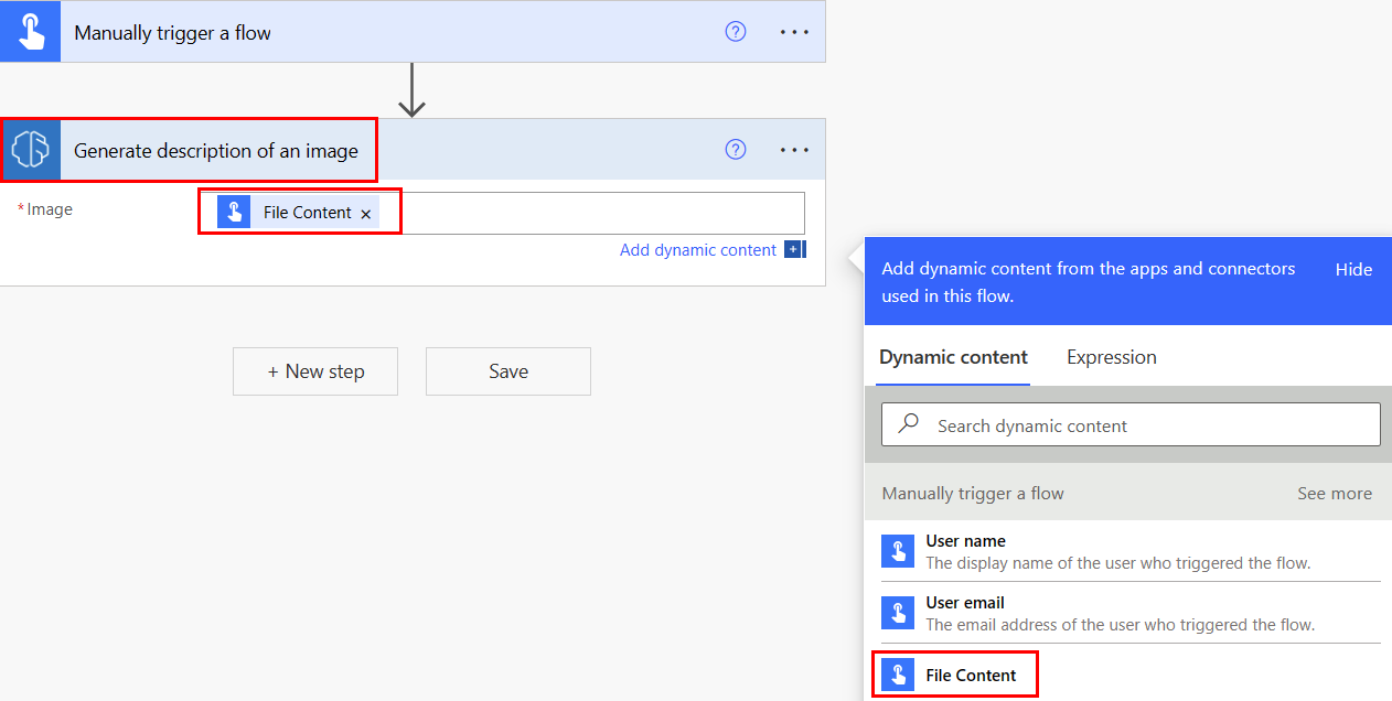 Screenshot der AI Builder-Aktion „Beschreibung eines Bilds generieren“.