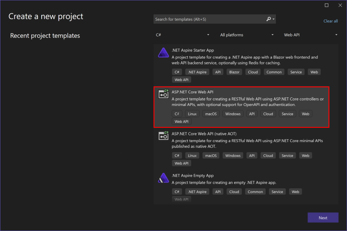 Dialogfeld „Neue ASP.NET-Webanwendung“ mit ausgewählter Web-API-Projektvorlage