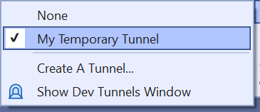 Debug-Dropdown „Dev Tunnels“-Flyout zeigt neuen Tunnel an.