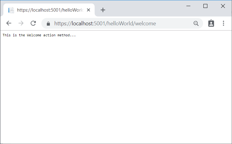 Browserfenster zeigt eine Anwendungsantwort: Dies ist die Aktion-Methode „Willkommen“.