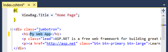 Screenshot von Visual Studio, mit angezeigtem A S P dot Net-Projekt und hervorgehobener H1-Überschrift.