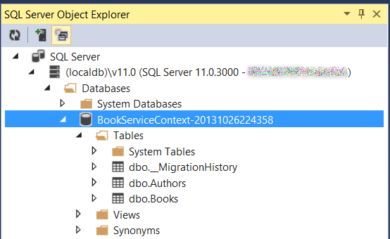 Screenshot des S Q L Server-Objekt-Explorers mit der Ordnerhierarchie, in der das Buchdienstkontextelement blau hervorgehoben ist.