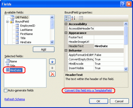 Konvertieren des HiredDate BoundField in ein TemplateField