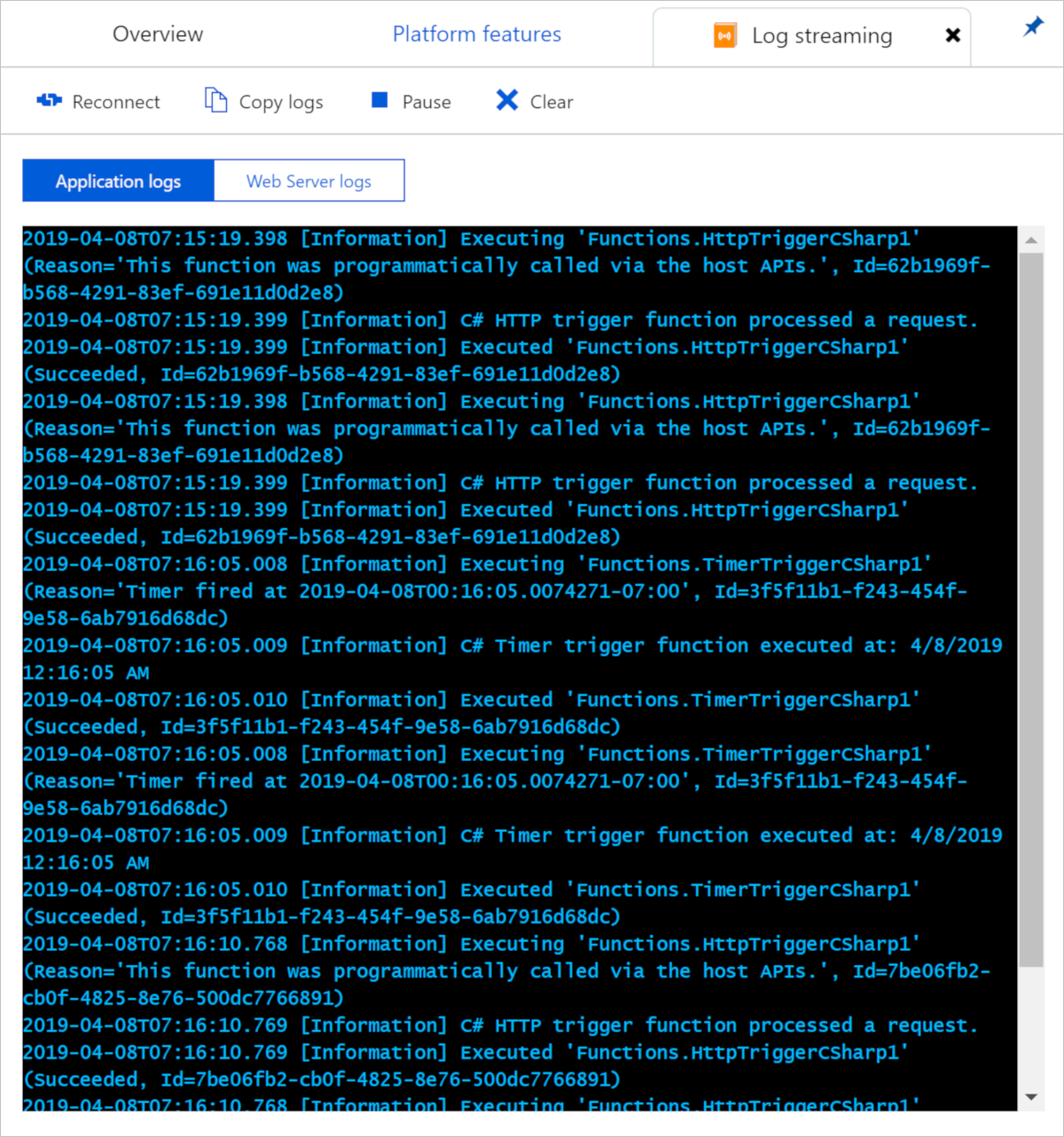 Screenshot, der zeigt, wie Streamingprotokolle im Portal angezeigt werden.