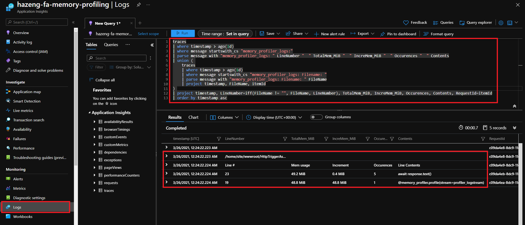Screenshot, der die Abfragespeichernutzung einer Python-App in Application Insights zeigt.