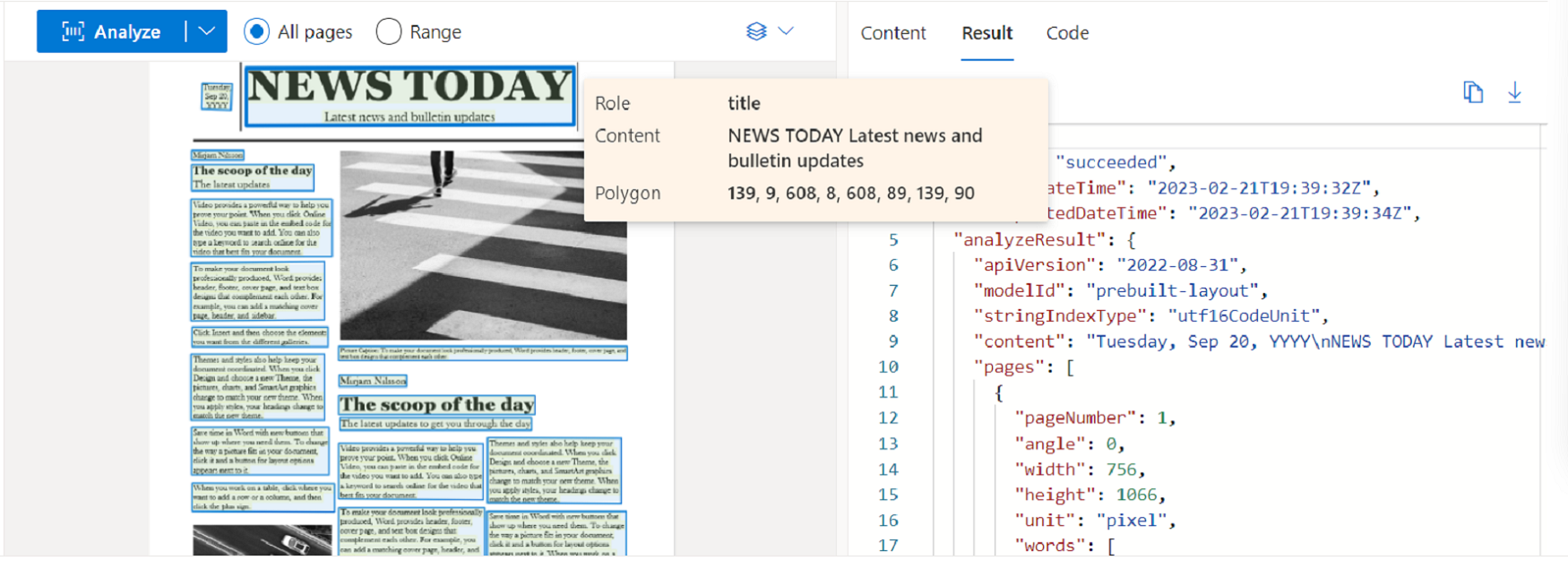 Screenshot der Layoutmodellanalyse mithilfe von Document Intelligence Studio.