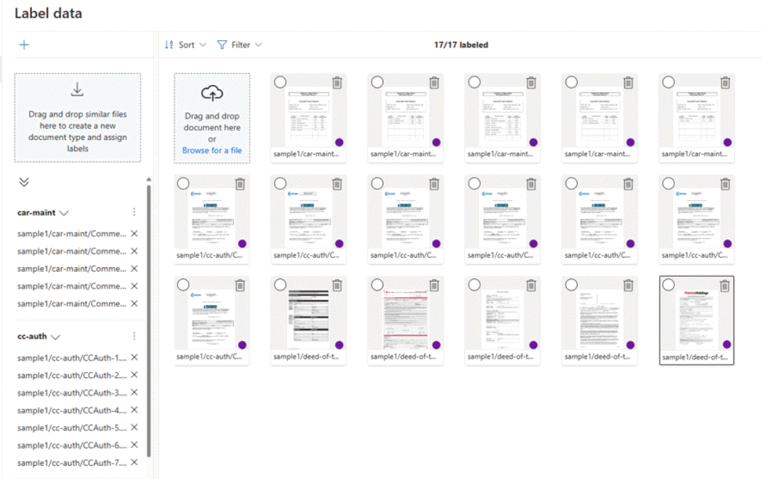 Screenshot der Beschriftung des benutzerdefinierten Klassifizierungsmodells in Document Intelligence Studio.