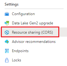 Screenshot mit dem CORS-Einstellungsmenü im Azure portal.