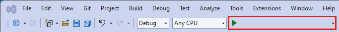 Screenshot der Schaltfläche zum Ausführen Ihres Visual Studio-Programms.