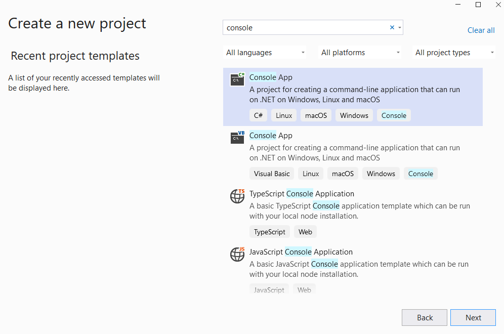 Screenshot: Seite „Neues Projekt erstellen“ in Visual Studio&nbsp;2022