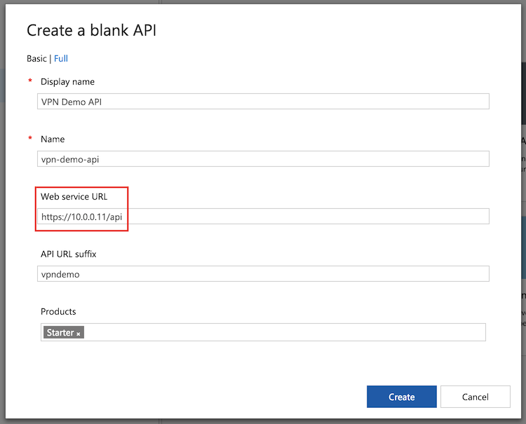 Screenshot des Hinzufügens einer API aus dem virtuellen Netzwerk im Portal.