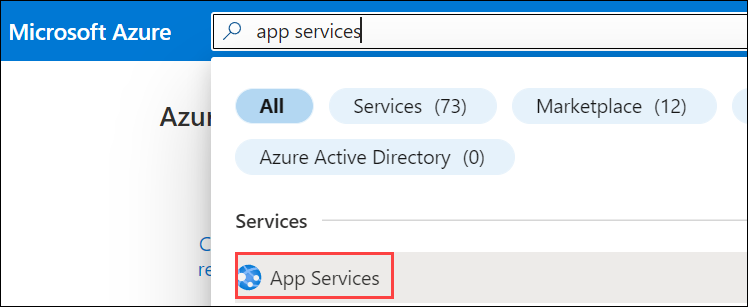 Screenshot, der zeigt, wie Sie im Azure-Portal nach App-Diensten suchen.