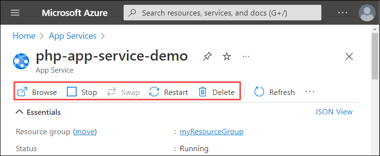 Screenshot der App Service-Übersichtsseite im Azure-Portal. In der Aktionsleiste sind die Schaltflächengruppen 