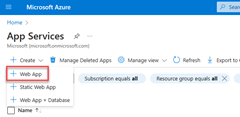 Screenshot: Position der Schaltfläche „Erstellen“ auf der Seite „App Services“ im Azure-Portal.