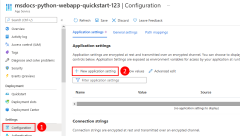 Screenshot: App-Einstellungen für eine Web-App und Vorgehensweise zum Hinzufügen einer neuen Einstellung im Azure-Portal.