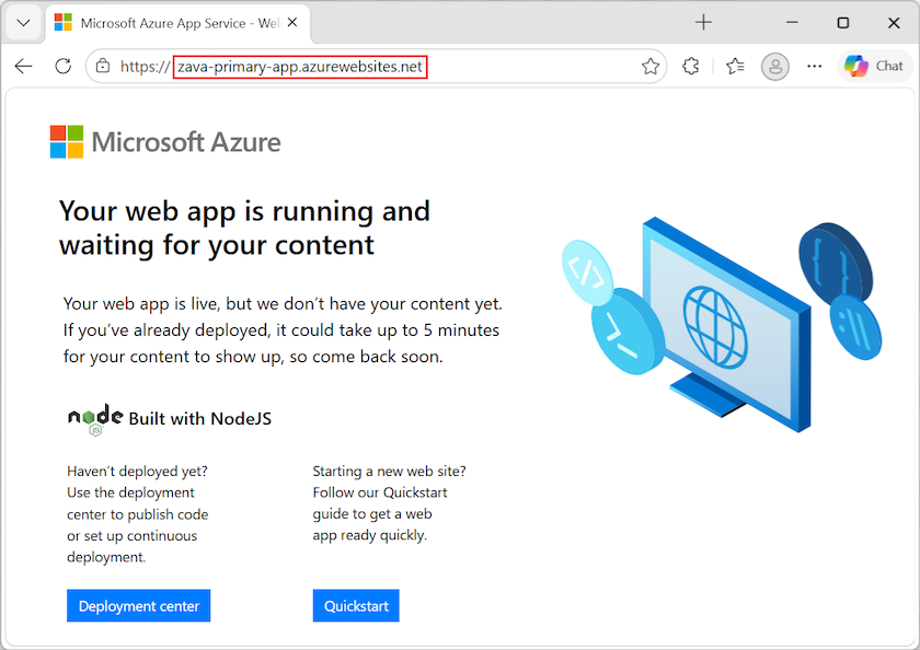Screenshot der Browsermeldung für eine erfolgreiche Verbindung zu einer App-Service-App unter Verwendung des Hostnamens.