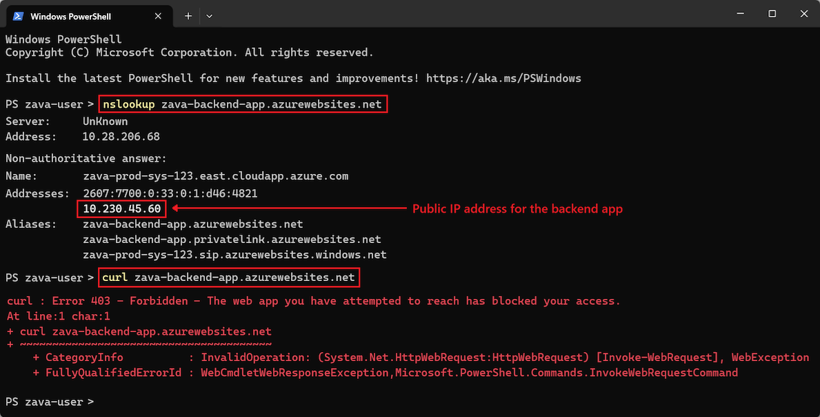 Screenshot eines externen Terminals mit den Befehlen „nslookup“ und „curl“ für die Backend-Web-App, der zeigt, dass der Zugriff verweigert wird.