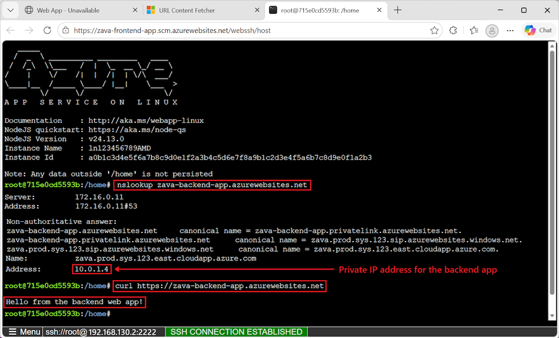 Screenshot einer SSH-Sitzung zu einer Frontend-Instanz, die zeigt, wie App-Verbindungen mit dem Back-End überprüft werden.