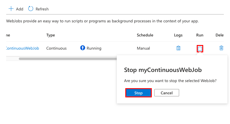 Screenshot, der zeigt, wie Ein fortlaufender WebJob im Azure-Portal beendet wird.