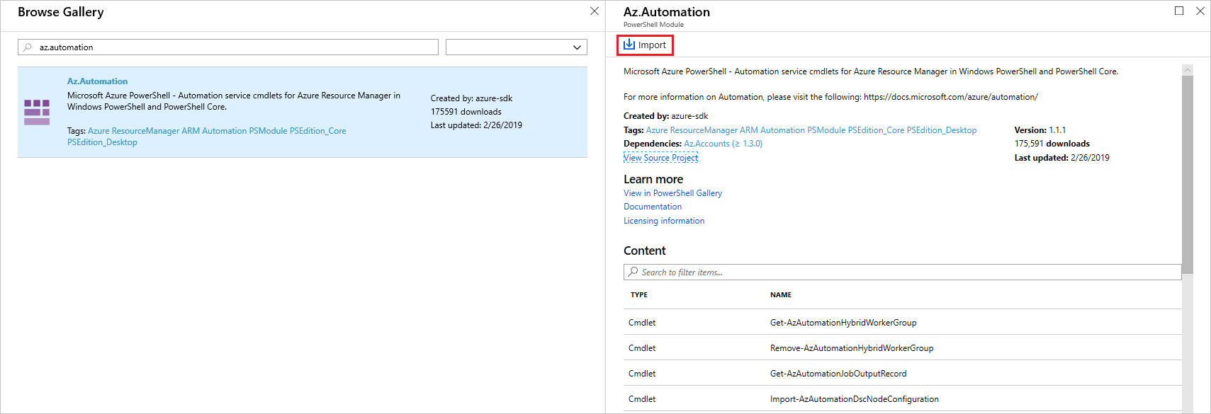Screenshot zum Importieren eines PowerShell-Katalog Moduls aus dem Azure Portal
