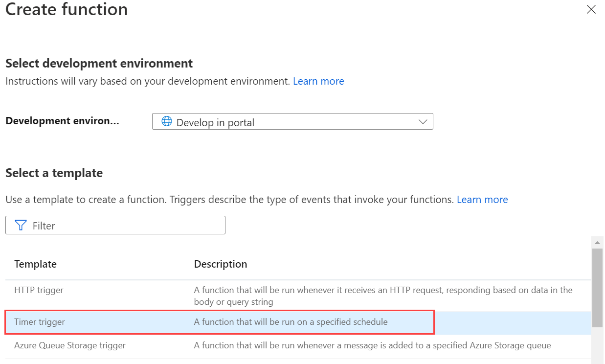 Screenshot: Seite zur Auswahl des Timertriggers im Azure-Portal.
