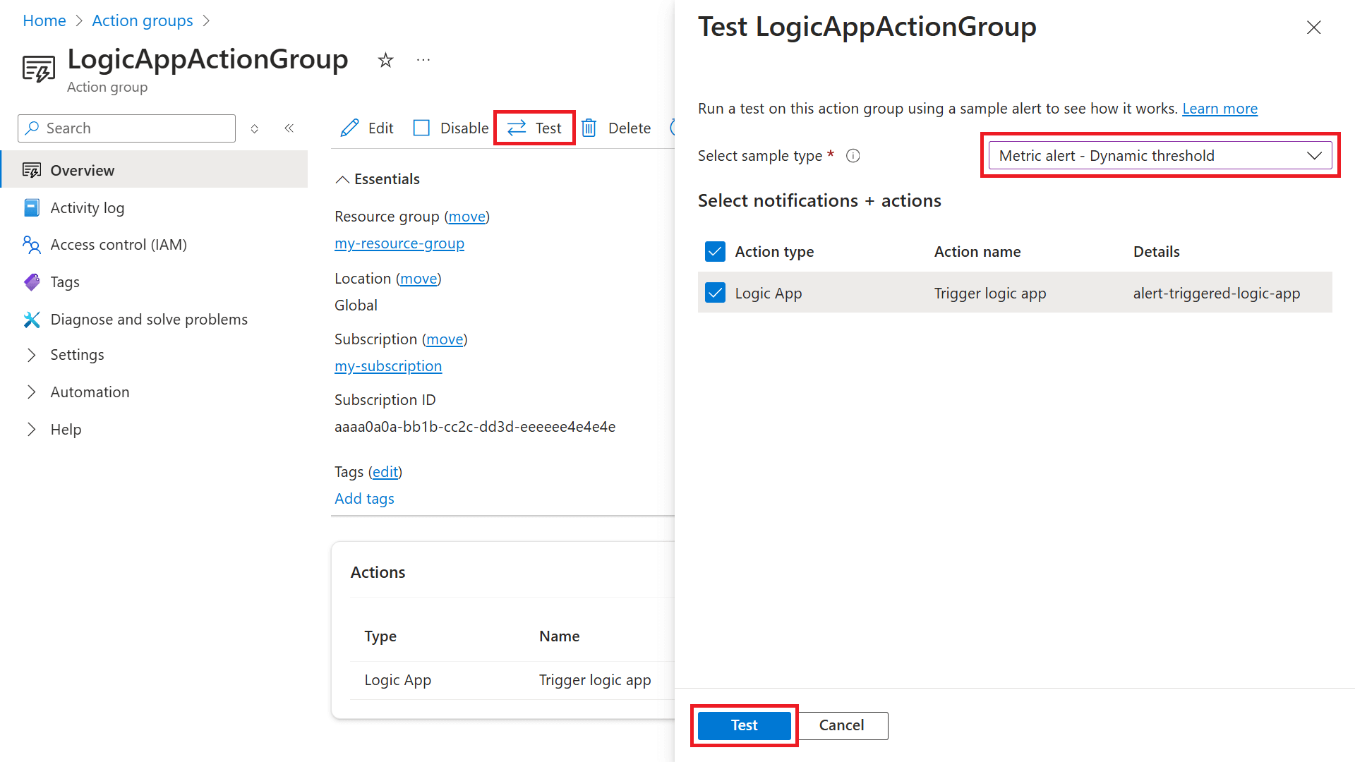 Screenshot: Testseite einer Aktionsgruppe mit Details.