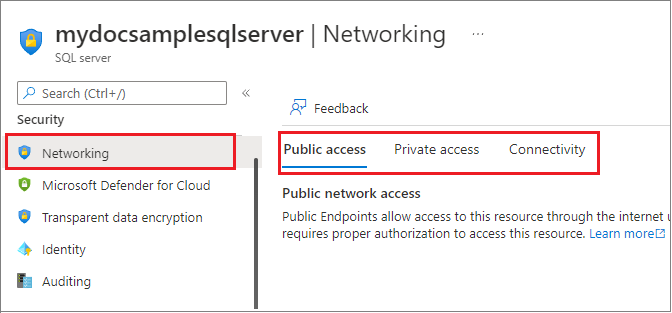 Screenshot der Einstellungen für Firewalls und virtuelle Netzwerke im Azure-Portal für einen logischen SQL-Server.