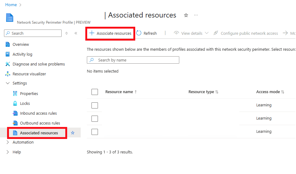 Screenshot der zugeordneten Ressourcen für den Netzwerksicherheitsperimeter im Azure-Portal.