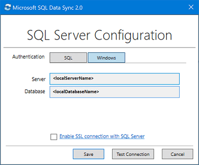 Screenshot aus der Microsoft SQL Datensynchronisierung 2.0 Client-Agent-App. Eine SQL Server-Datenbank hinzufügen und konfigurieren.