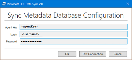 Screenshot der App für den Microsoft SQL Datensynchronisierung 2.0 Client-Agent. Geben Sie den Agent-Schlüssel und die Serveranmeldeinformationen ein.