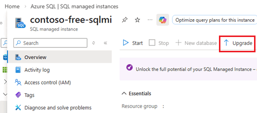 Screenshot des kostenpflichtigen Angebots, das auf der Compute +Speicherseite für Ihre Instanz im Azure-Portal ausgewählt ist.