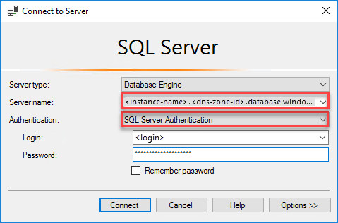 Screenshot, der zeigt, wie Eine Verbindung mit Ihrer sql-verwalteten Instanz in SSMS hergestellt wird.