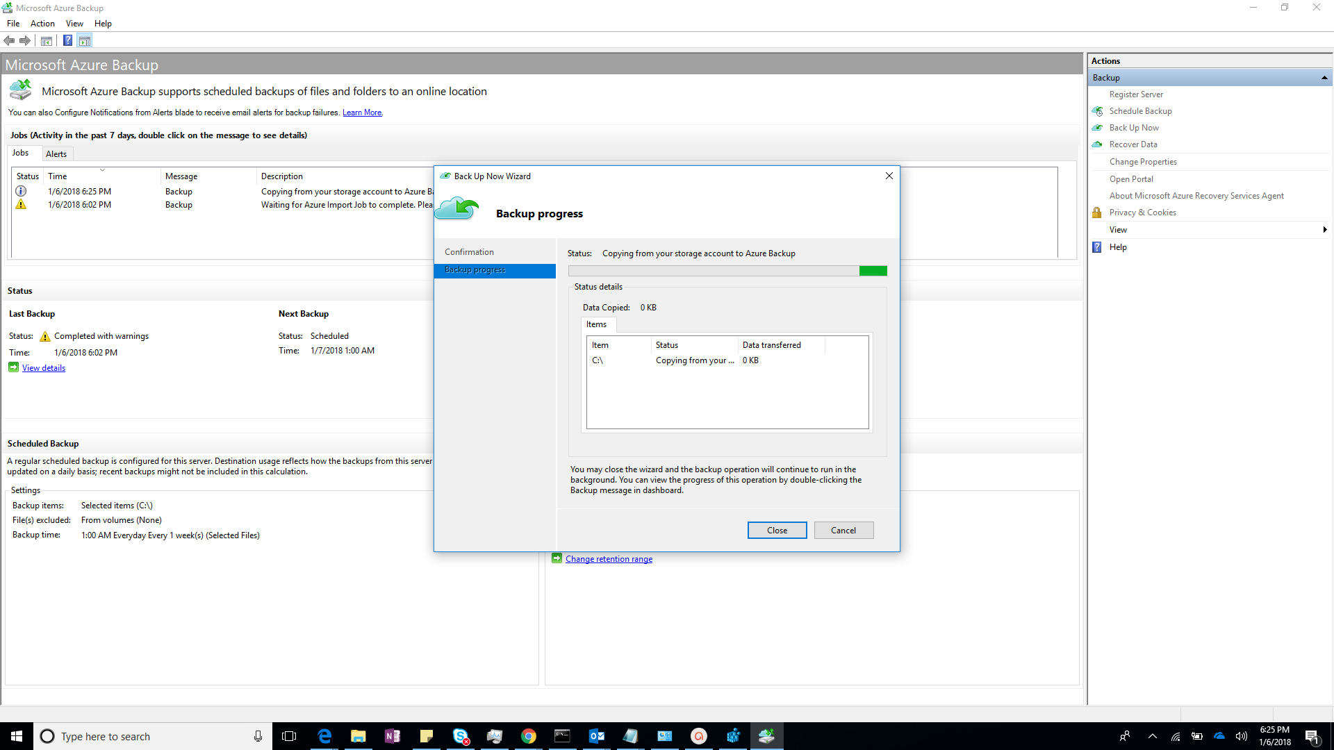 Screenshot: Kopieren von Daten in den Recovery Services-Tresor